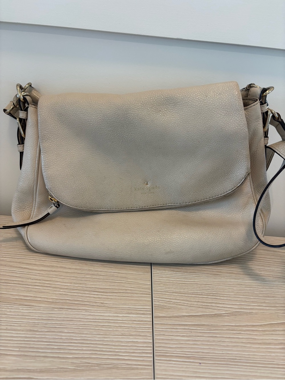 Leather Flap Crossbody Bag in Light Beige